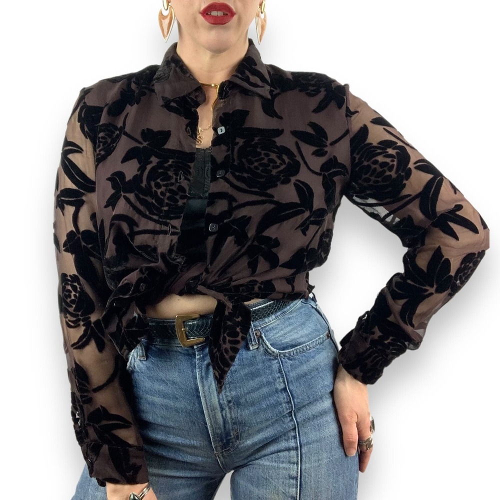 90's brown silk button down blouse with black velvet roses and sheer sleeves - Picture 3 of 16